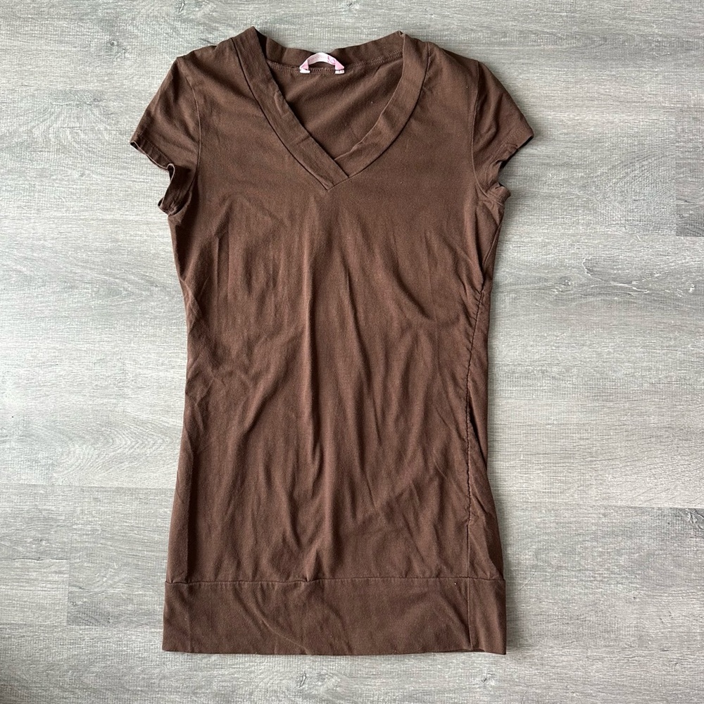 Vintage Y2K Digital Clothing Chocolate Brown V-Neck Long Top